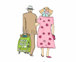 Zeichnung eines älteren Ehepaars it einem Einkaufstrolley mit der Aufschrift 