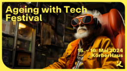 Poster des Ageing with Tech Fetival zeigt älteren Mann in orangem Trainingsanzug mit VR-Brille