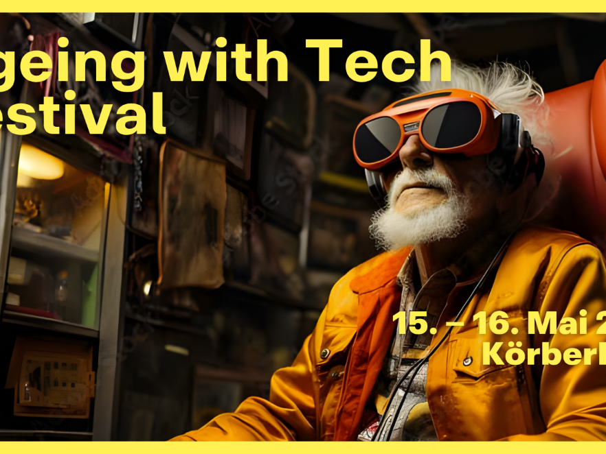 Poster des Ageing with Tech Fetival zeigt älteren Mann in orangem Trainingsanzug mit VR-Brille